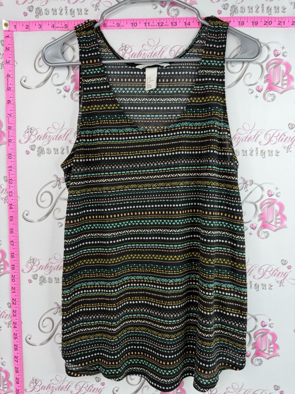 H&M shirt Aztec print Black Striped Tank Top with Green and Mustard Accents